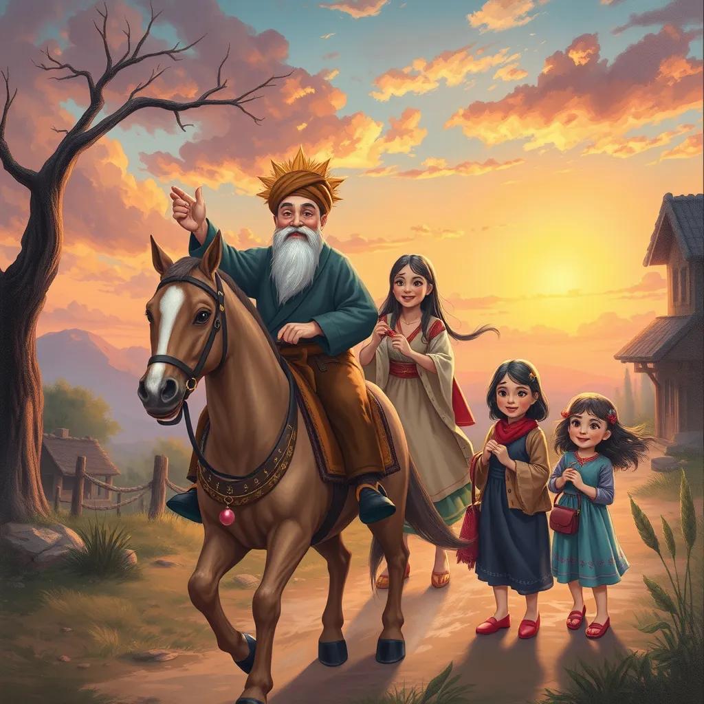 A warm scene of لين and خالد returning home at sunset, happy expressions, riding شيهانه, with their family waiting, colorful, uplifting, heartwarming imagery
