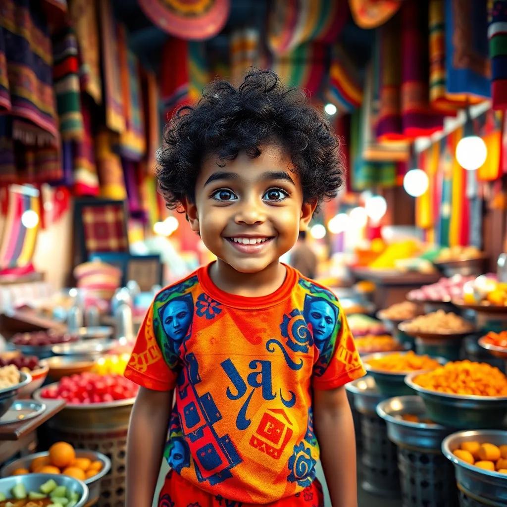A young Moroccan boy, Lio, with curly black hair and bright eyes, wearing a colorful t-shirt and shorts, full of excitement in a vibrant market filled with colorful fabrics and delicious food, digital art, lively atmosphere, rich colors, high quality