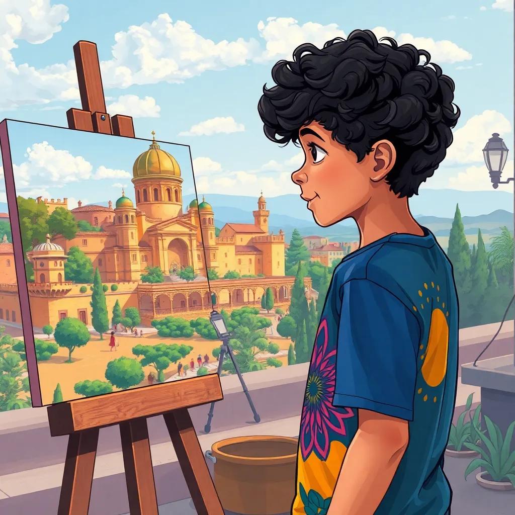 Lio, a young Moroccan boy, with curly black hair in a colorful t-shirt, looking at an artist painting a beautiful scene of the Alhambra, surrounded by cultural elements, cheerful and inspiring, illustration, engaging perspective, vibrant style, child-friendly