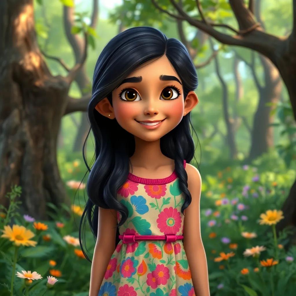 A confident young girl, M'ayab, with long dark hair, wearing a bright colorful dress, smiling in a lush green forest surrounded by trees and wildflowers, adventurous vibe, digital art, vibrant colors, inviting atmosphere, high quality