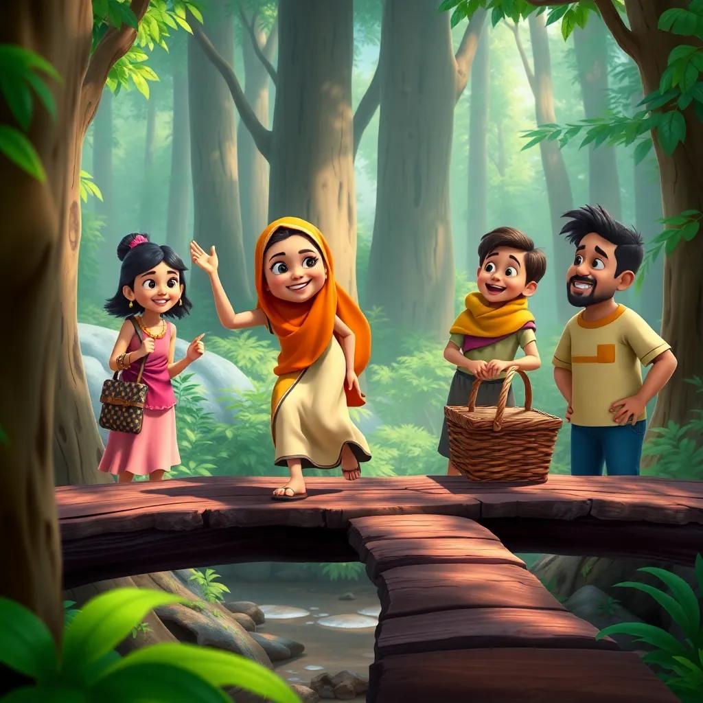 A group of four friends in a forest, M'ayab confidently crossing a wooden bridge, Tahoo cheering her on, Abu Falah holding a picnic basket, laughing, and Ahmed watching closely, dynamic composition, colorful, detail-rich, adventure-themed, high quality