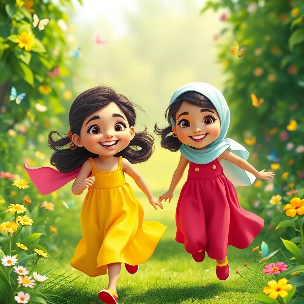 Two happy Arab girls, Maria and Mariam, with bright smiles, wearing colorful dresses, running joyfully in a green garden filled with flowers and butterflies, soft sunlight, vibrant colors, joyful atmosphere, child-friendly, high quality