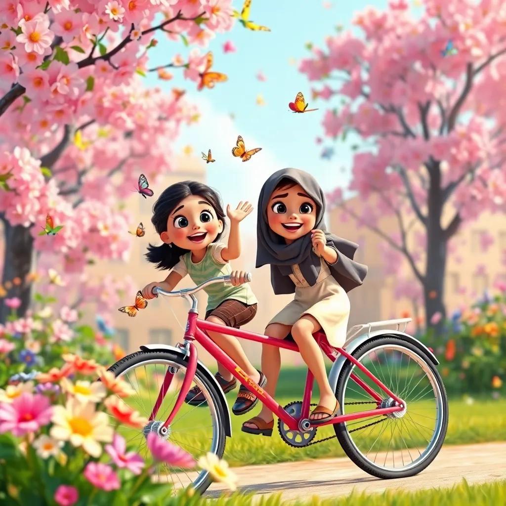 Maria and Mariam, two excited Arab girls, riding a beautiful bicycle together in the park, surrounded by blooming flowers and colorful butterflies, nurturing friendship, colorful, sunny, dynamic pose, adventure-themed, child-friendly