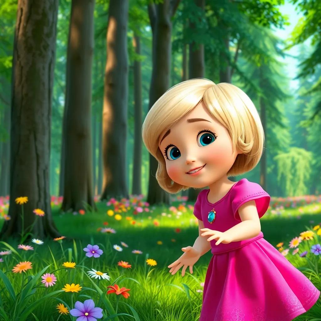 A young girl, Masha, with short blonde hair wearing a pink dress, playing in a vibrant green forest with tall trees and colorful flowers, cheerful atmosphere, digital art, bright colors, playful mood, high quality