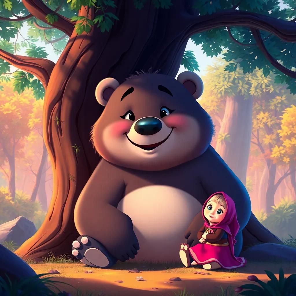 A large bear, sitting under a tree, with a friendly expression, surrounded by colorful forest scenery, smiling at Masha, digital painting, warm colors, inviting light, child-friendly