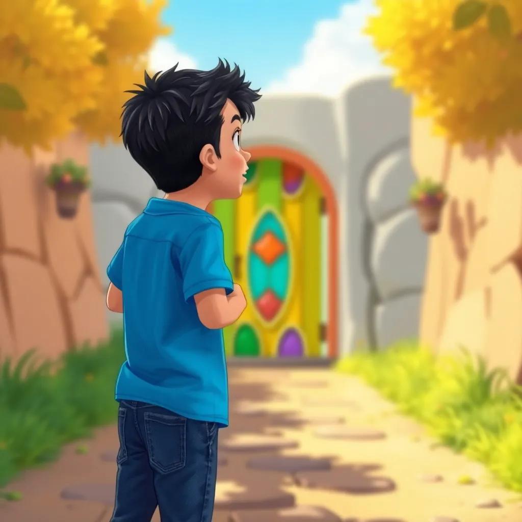 A young Arab boy, Malik, with short black hair, wearing a blue shirt and jeans, excitedly looking at a colorful magical door in the middle of a sunny path, illustration, cheerful, bright colors, inviting atmosphere, high quality