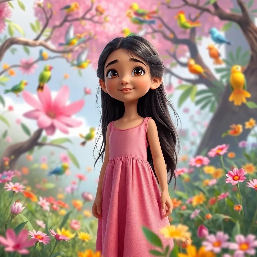 A young Arab girl, Misk, with long dark hair, wearing a pink dress, entering a magical world filled with colorful talking birds and dancing flowers, digital art, vibrant scenery, joyful atmosphere, high quality