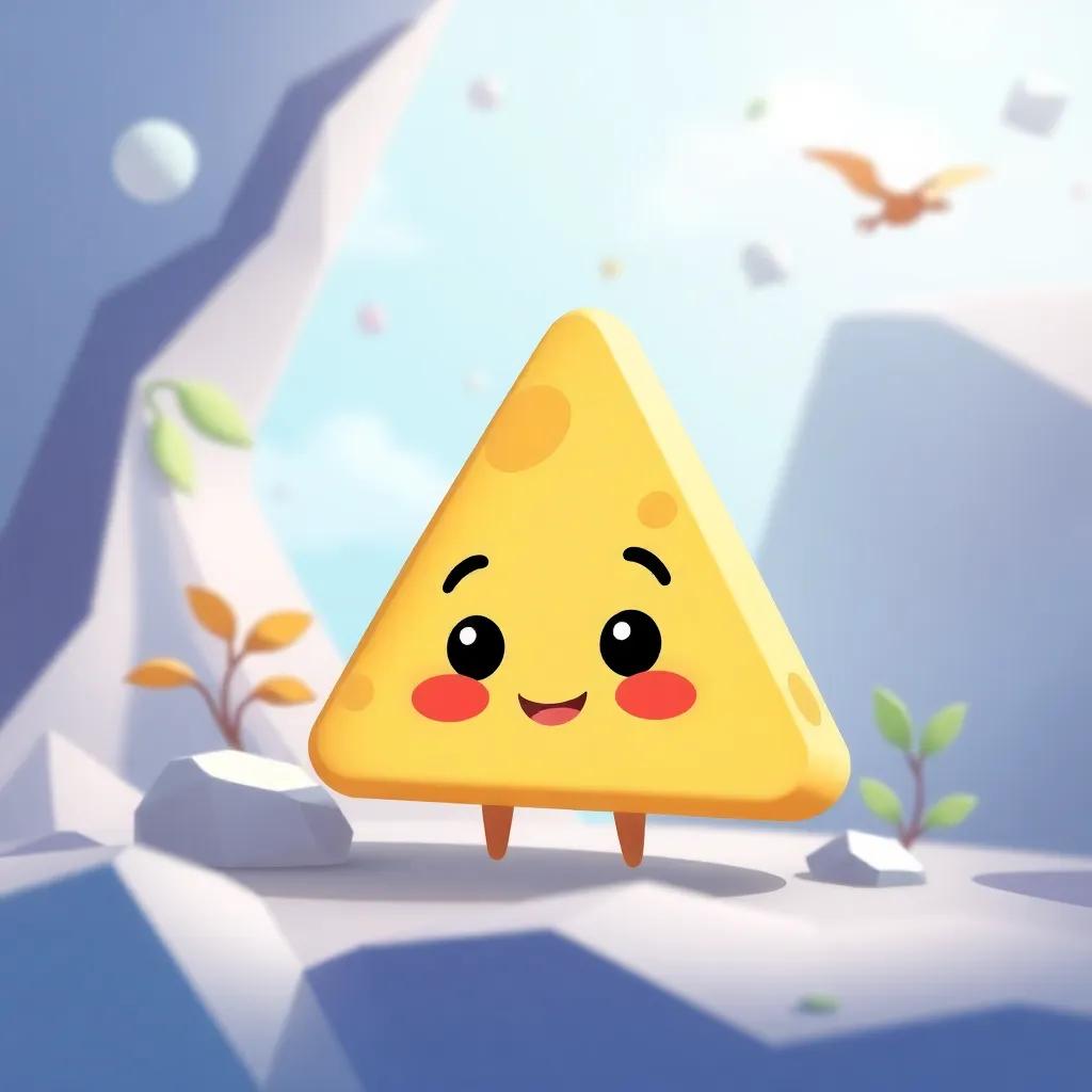 A cute little triangle named مثلثي, animated style, vibrant colors, friendly face, exploring the world around him with curiosity, child-friendly, playful, cheerful mood