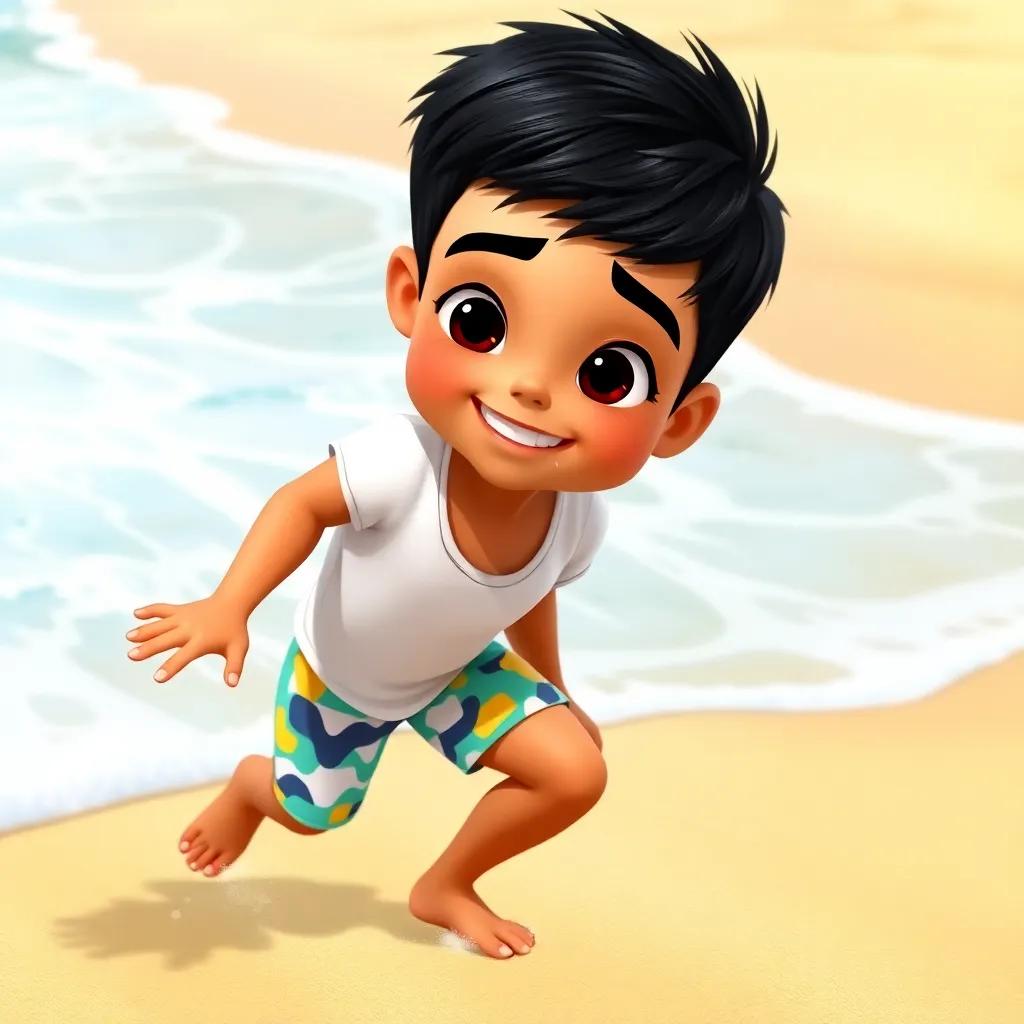 A young Arab boy, Mohammed, with short black hair, wearing a colorful swim trunks and a white t-shirt, playing on a sunny beach with soft golden sand and playful waves, digital art, cheerful atmosphere, bright colors, high quality