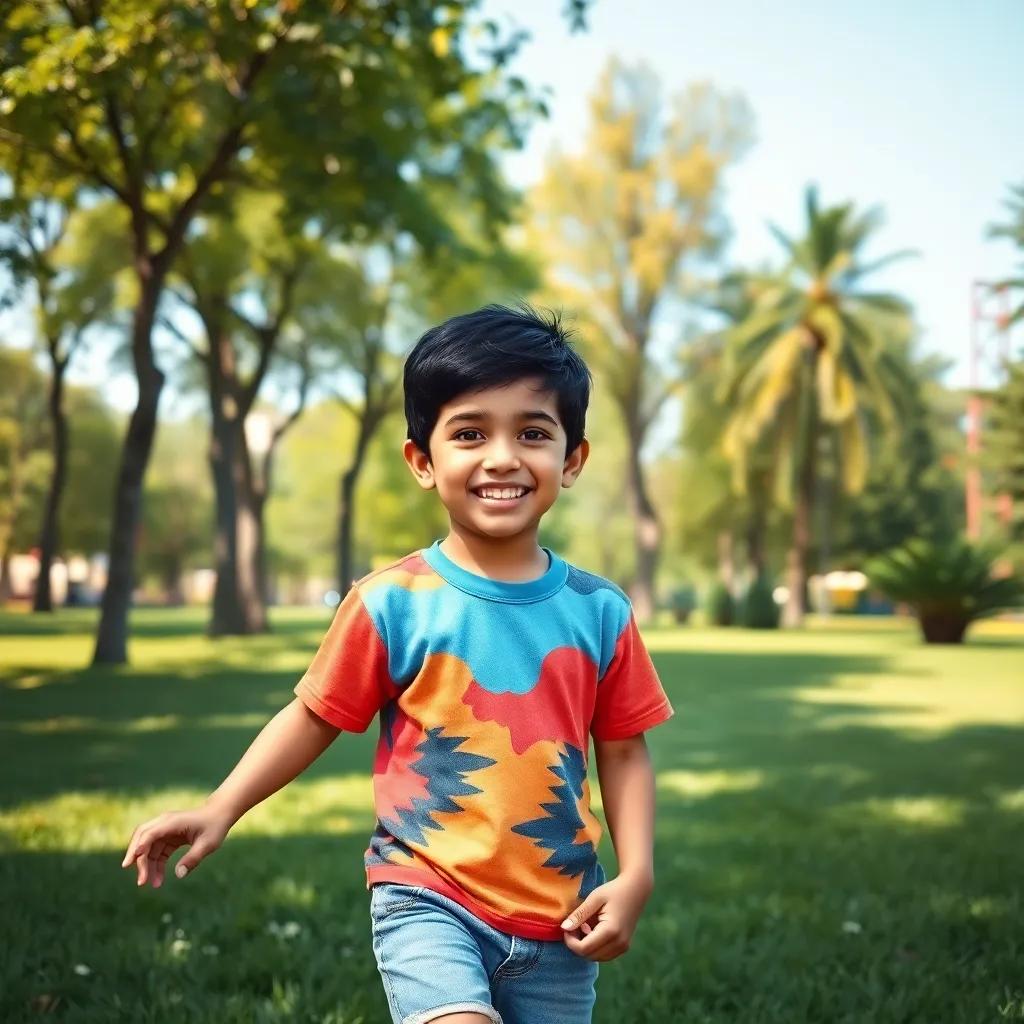 A young Arab boy, محمد, with short black hair and a bright smile, wearing a colorful t-shirt and denim shorts, playing in a sunny park filled with green grass and trees, cheerful atmosphere, digital art, vibrant colors, inviting scenery, high quality