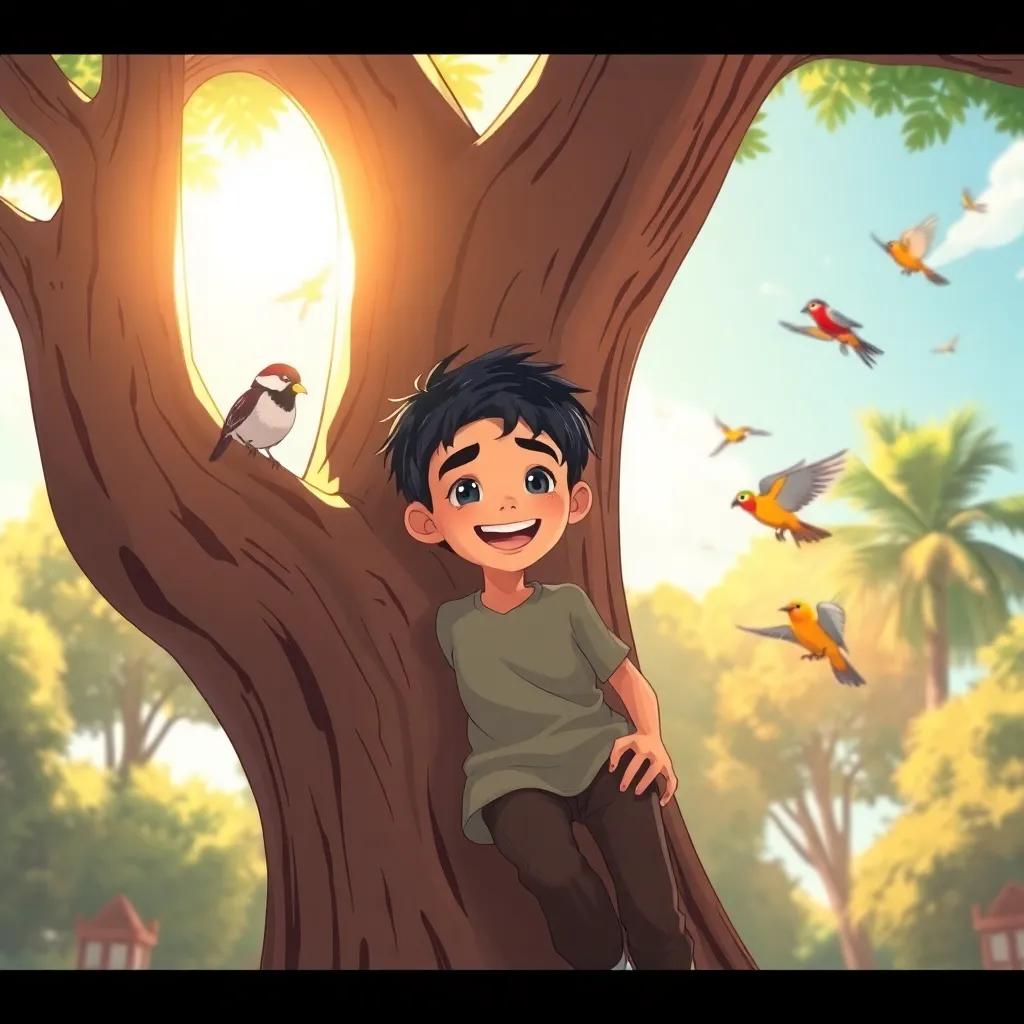 محمد, a young Arab boy with short black hair and a bright smile, climbing a big tree in a sunny park, surrounded by friends and colorful birds, joyful expression, detailed illustration, warm sunlight, adventurous vibe, child-friendly