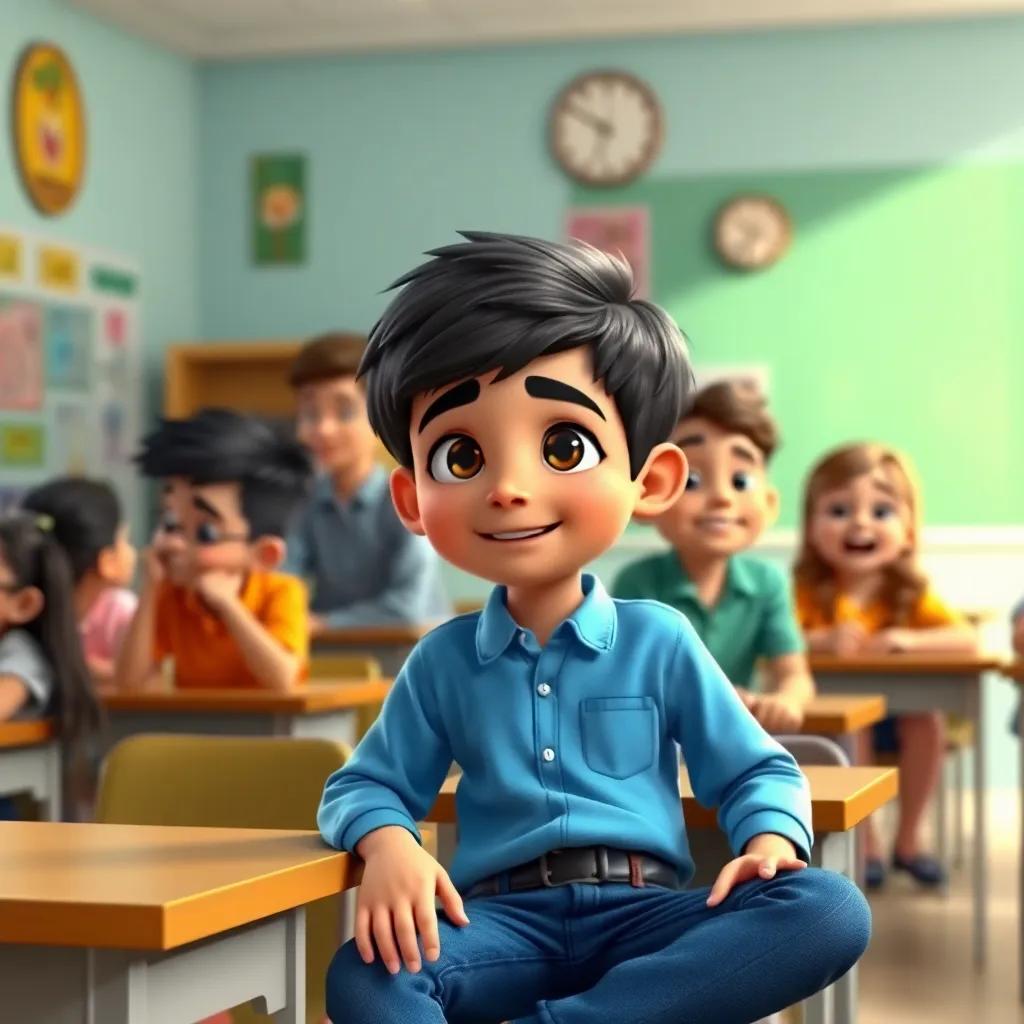A young boy, Mohammad, with short black hair, wearing a blue school shirt and jeans, sitting in a classroom with friends laughing and playing games, bright colors, cheerful atmosphere, animated