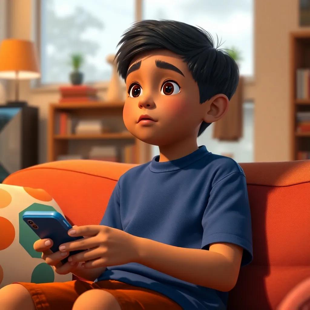 A young boy, Mohammad, with short black hair, wearing a blue school shirt, sitting on a couch holding a smartphone, looking bored, colorful living room, warm light, inviting, detailed