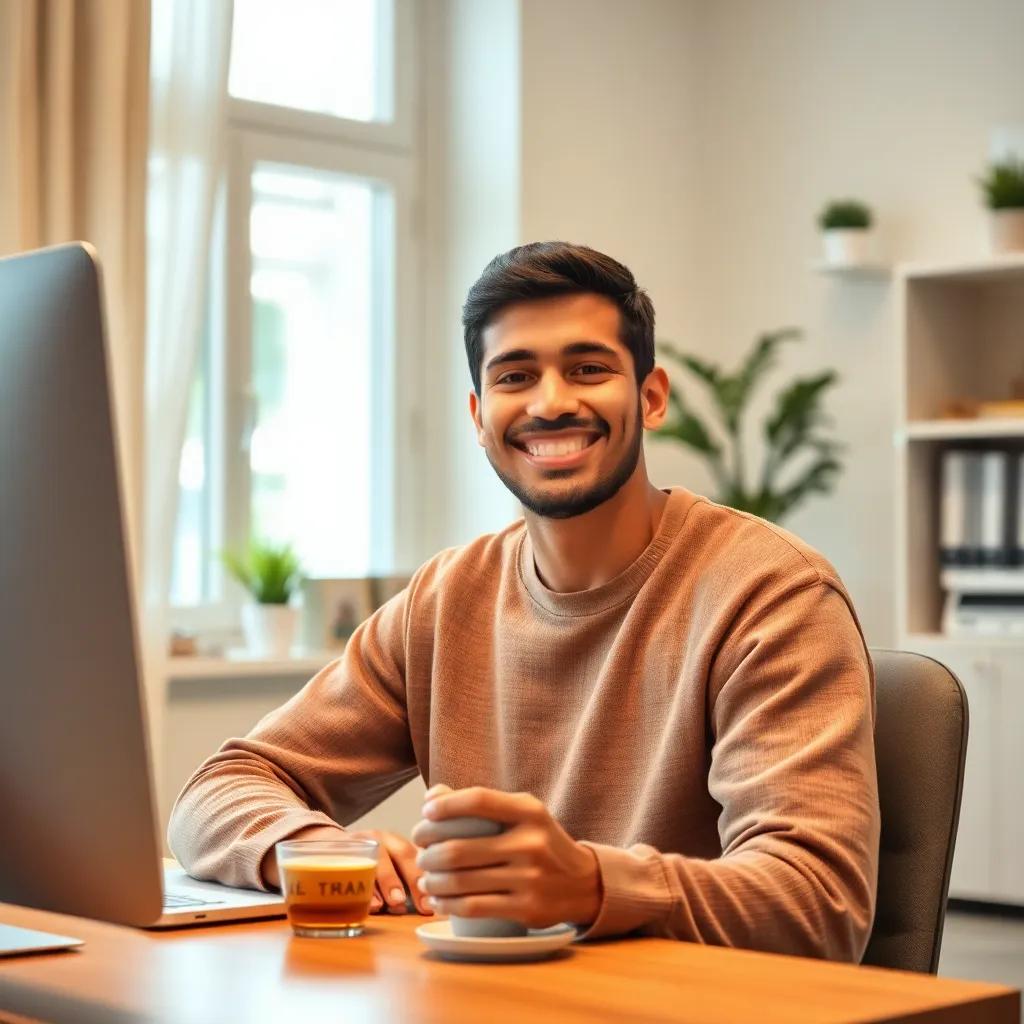 A happy young man, Mahmoud, with short hair wearing comfortable home clothes, sitting at a desk with a computer and a cup of tea, bright room with window light, cozy atmosphere, cheerful expression