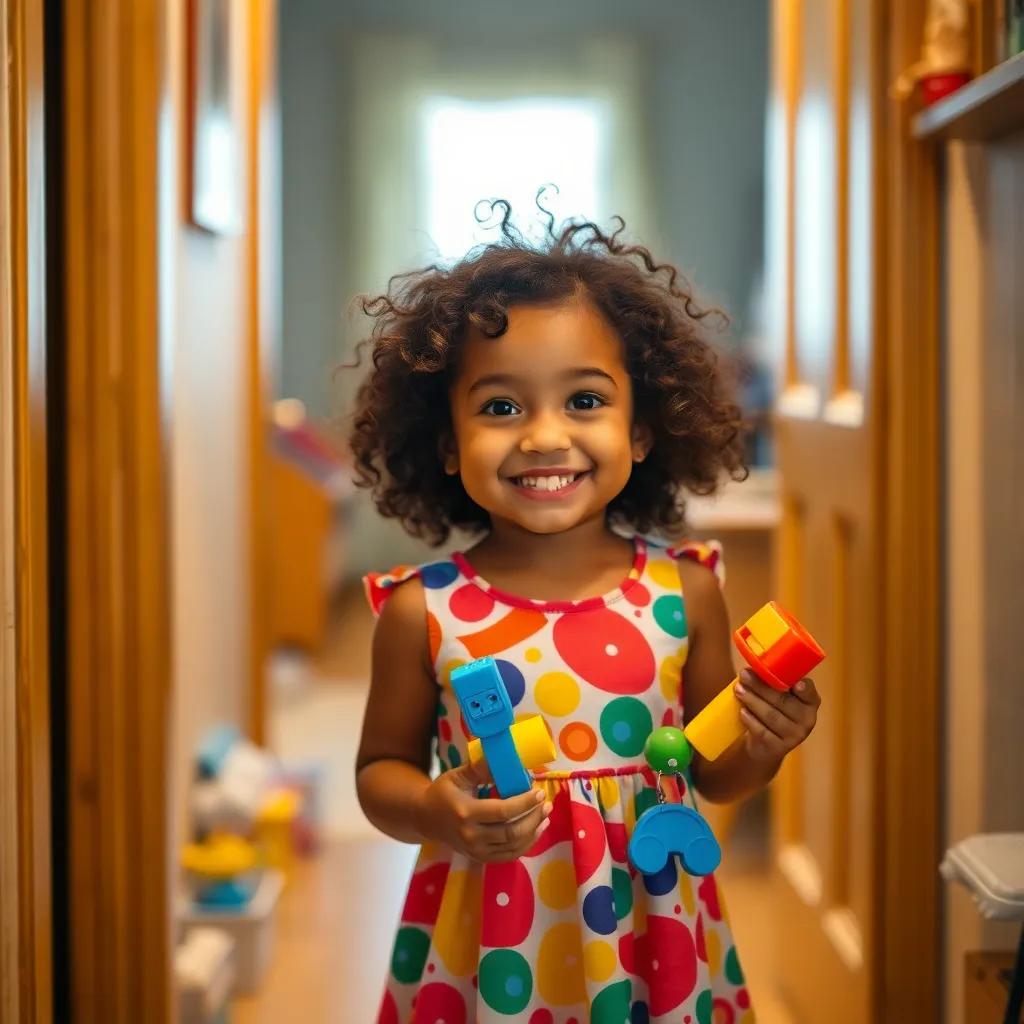 A young girl, Mariam, with curly hair wearing a colorful dress, entering a room with toys in her hands, smiling brightly as she calls out to her father, warm and inviting light, playful mood