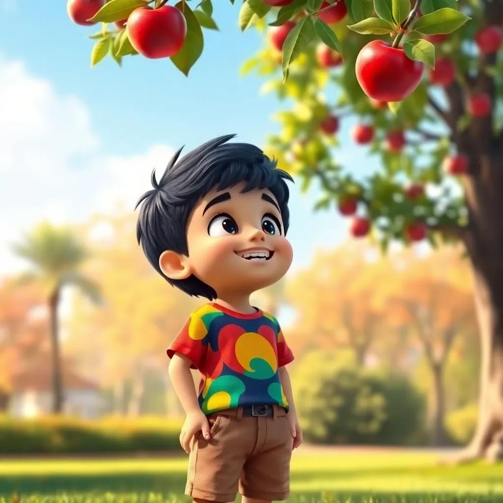A small Arab boy, Marwan, with short black hair wearing a colorful t-shirt and shorts, standing in a sunny park looking up at a red apple falling from a tree, joyful expression, digital art, bright colors, inviting atmosphere, high quality