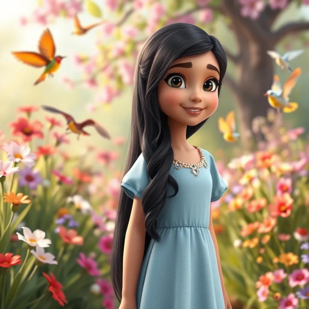 A young Arab girl, Maryam, with long, black hair, wearing a light blue dress, standing in a colorful garden with blooming flowers and singing birds, digital art, vibrant colors, warm light, cheerful atmosphere, high quality