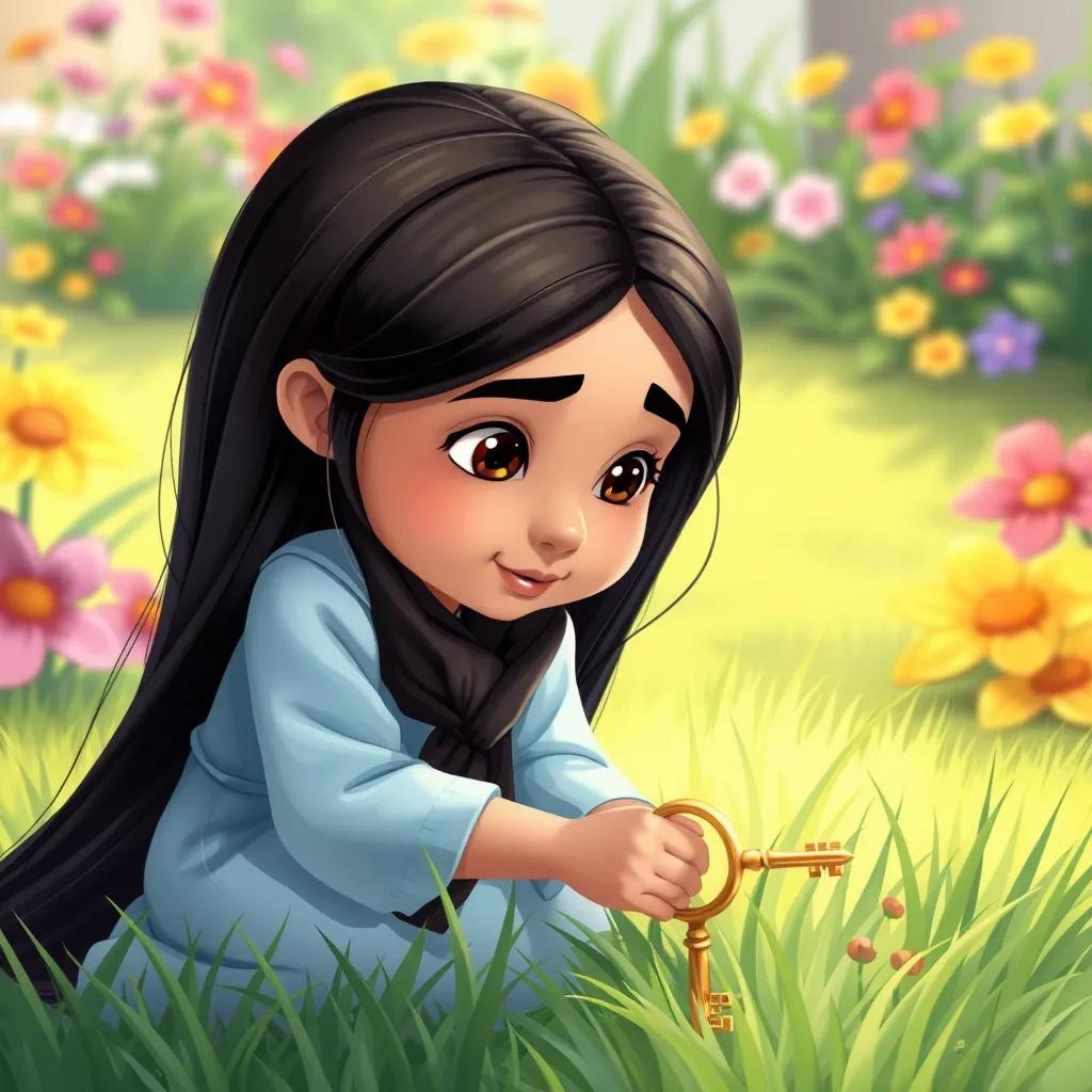 Maryam, a young Arab girl, with long, black hair, wearing a light blue dress, discovering a shiny golden key in the grass, curiosity on her face, colorful garden in the background, illustration, child-friendly, whimsical, high quality