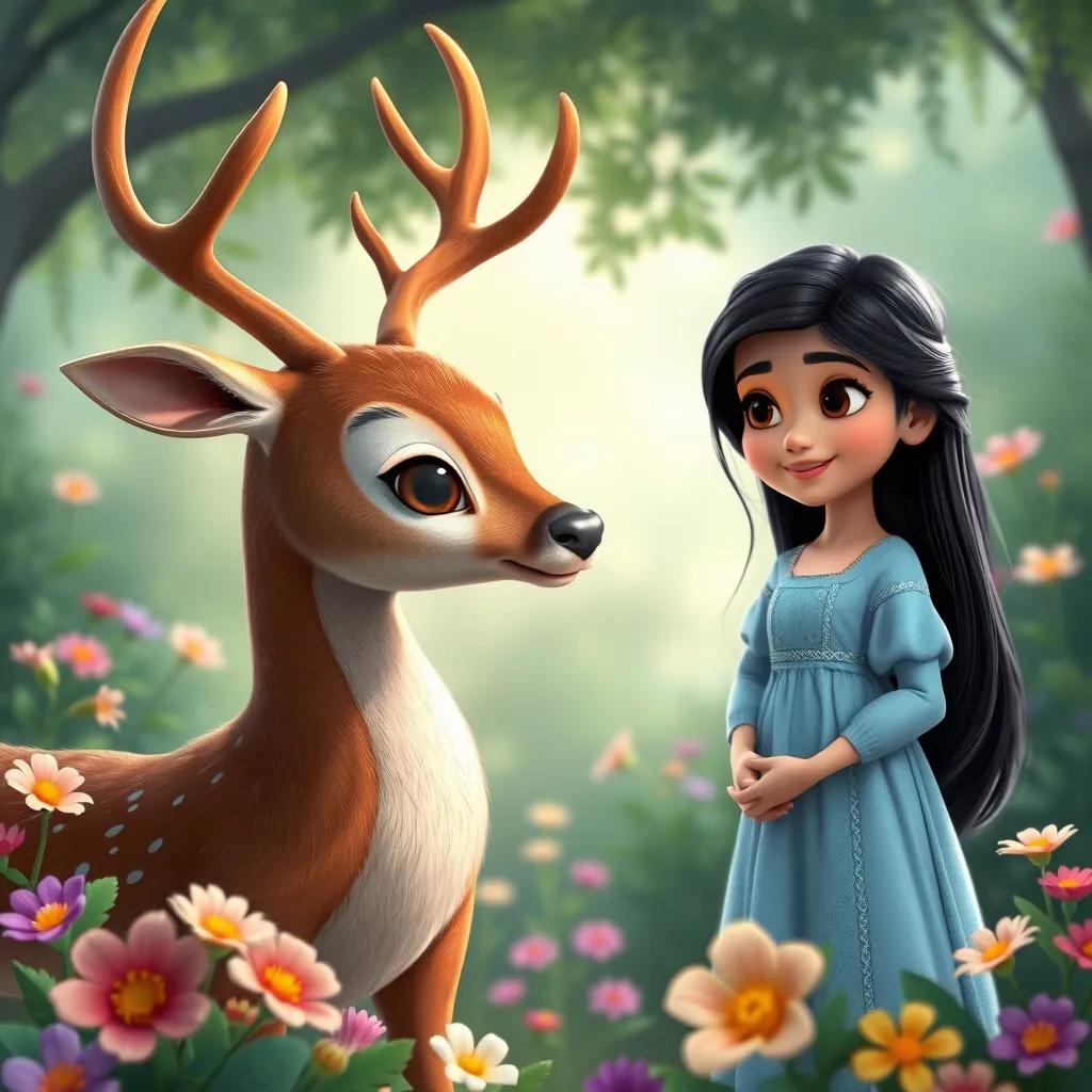 A beautiful deer appearing before Maryam, a young Arab girl with long, black hair in a light blue dress, surrounded by greenery and vibrant flowers, magical scene, friendly expression, digital art, enchanting atmosphere, high quality