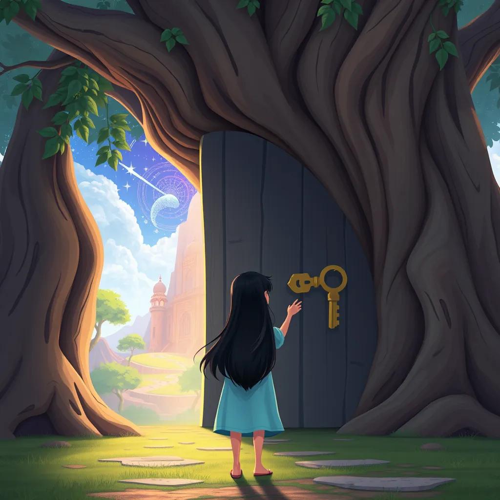 A large door in a giant tree with Maryam, a young Arab girl, with long, black hair in a light blue dress standing in front of it, holding a golden key, colorful magical world beyond, illustration, thrilling, high quality