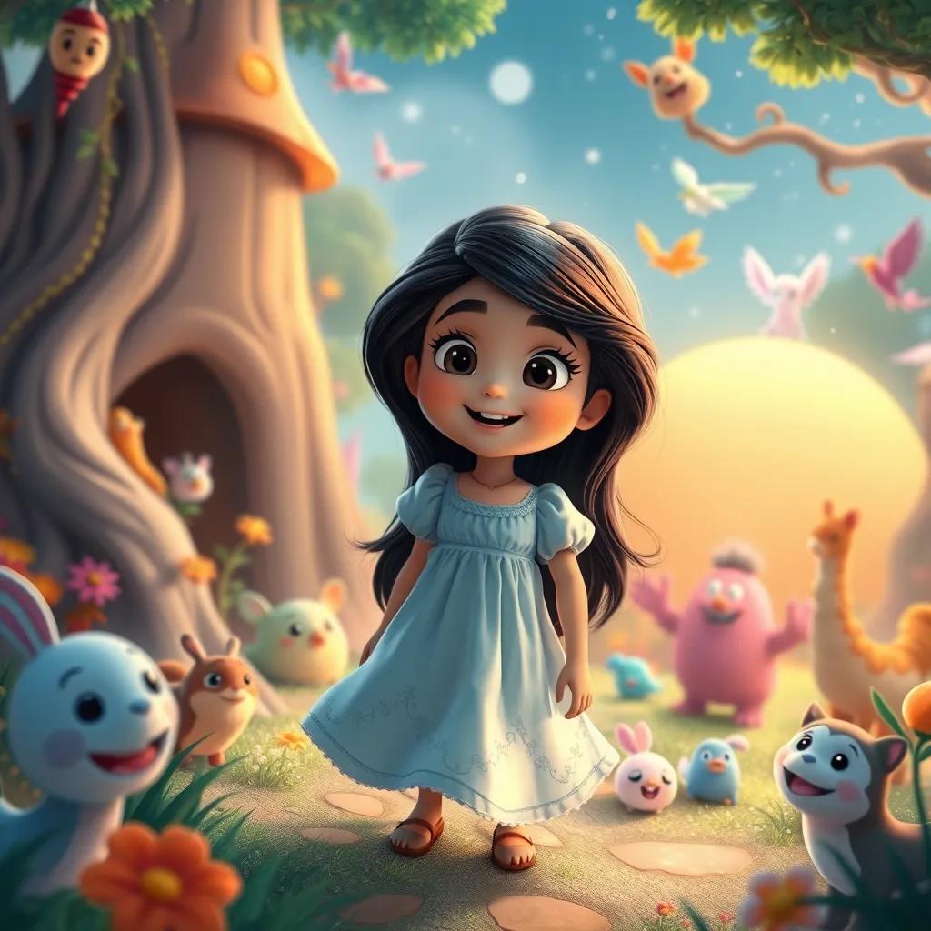Maryam, a young Arab girl with long, black hair in a light blue dress, exploring a magical world filled with friendly creatures and bright colors, joyful and lively scene, digital art, fantasy, high quality