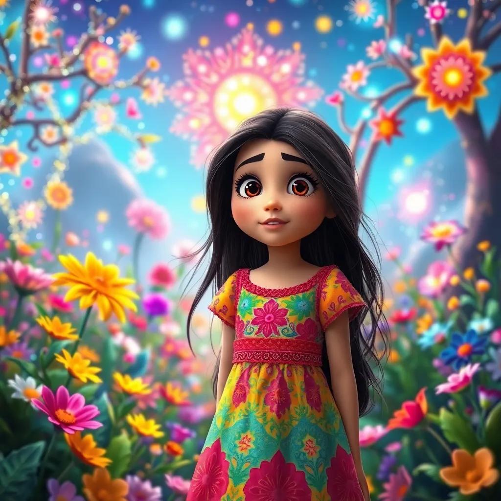 A colorful magical world with vibrant flowers and sparkling trees, Marium, a young Arab girl with long dark hair and a colorful dress, looking amazed and curious, digital art, bright colors, enchanted atmosphere, high quality