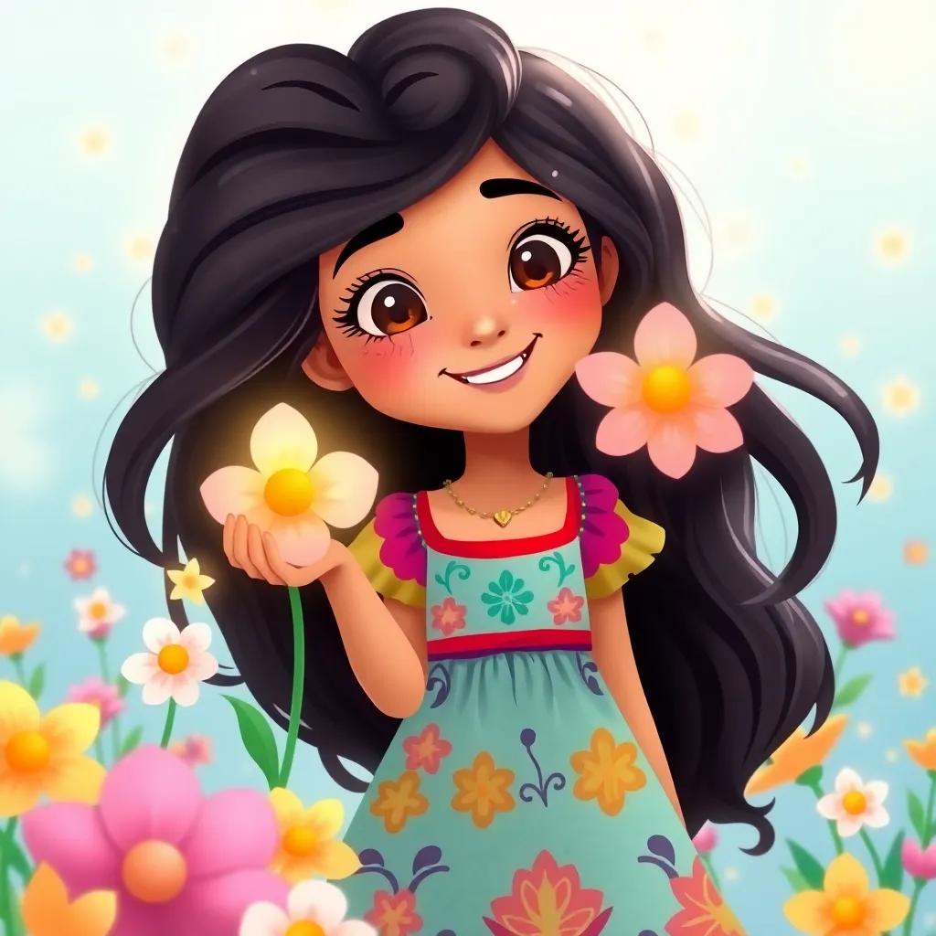Marium, a young Arab girl with long dark hair in a colorful dress, surrounded by luminous flowers with a cheerful smile, inspired by the beauty of her surroundings, whimsical illustration, lively and playful, uplifting mood, high quality
