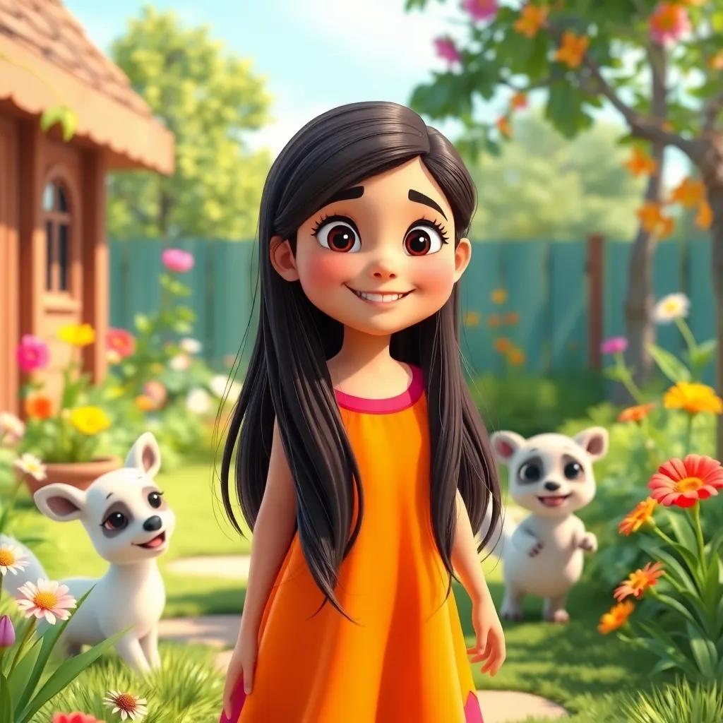 A cheerful young Arab girl, Maryam, with long, dark hair wearing a bright dress, playing in her garden with two friends, a sunny day, vibrant colors, playful atmosphere, high quality