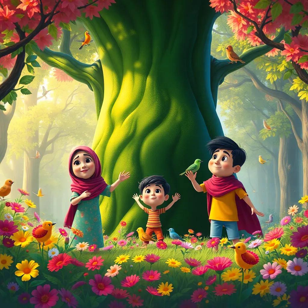 Three friends, Maryam, Salim, and Ali, discovering a large green tree in a colorful forest, surrounded by bright flowers and singing birds, digital art, lively colors, whimsical scene, high quality