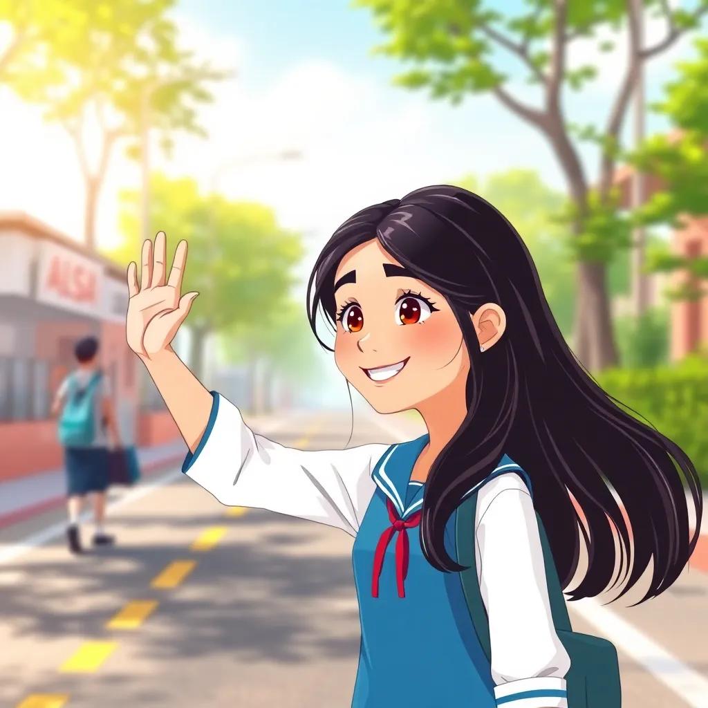 A young Arab girl, Mariam, with long, dark hair, wearing a school uniform, smiling as she waves to her friend Leila on a sunny school road, child-friendly, cheerful atmosphere, vibrant colors, high quality