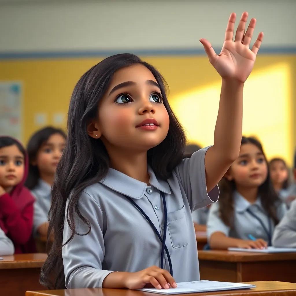 A young Arab girl, Mariam, with long, dark hair, in her school uniform, raising her hand to answer a question in class, surrounded by classmates, warm light, focused and engaged, high quality