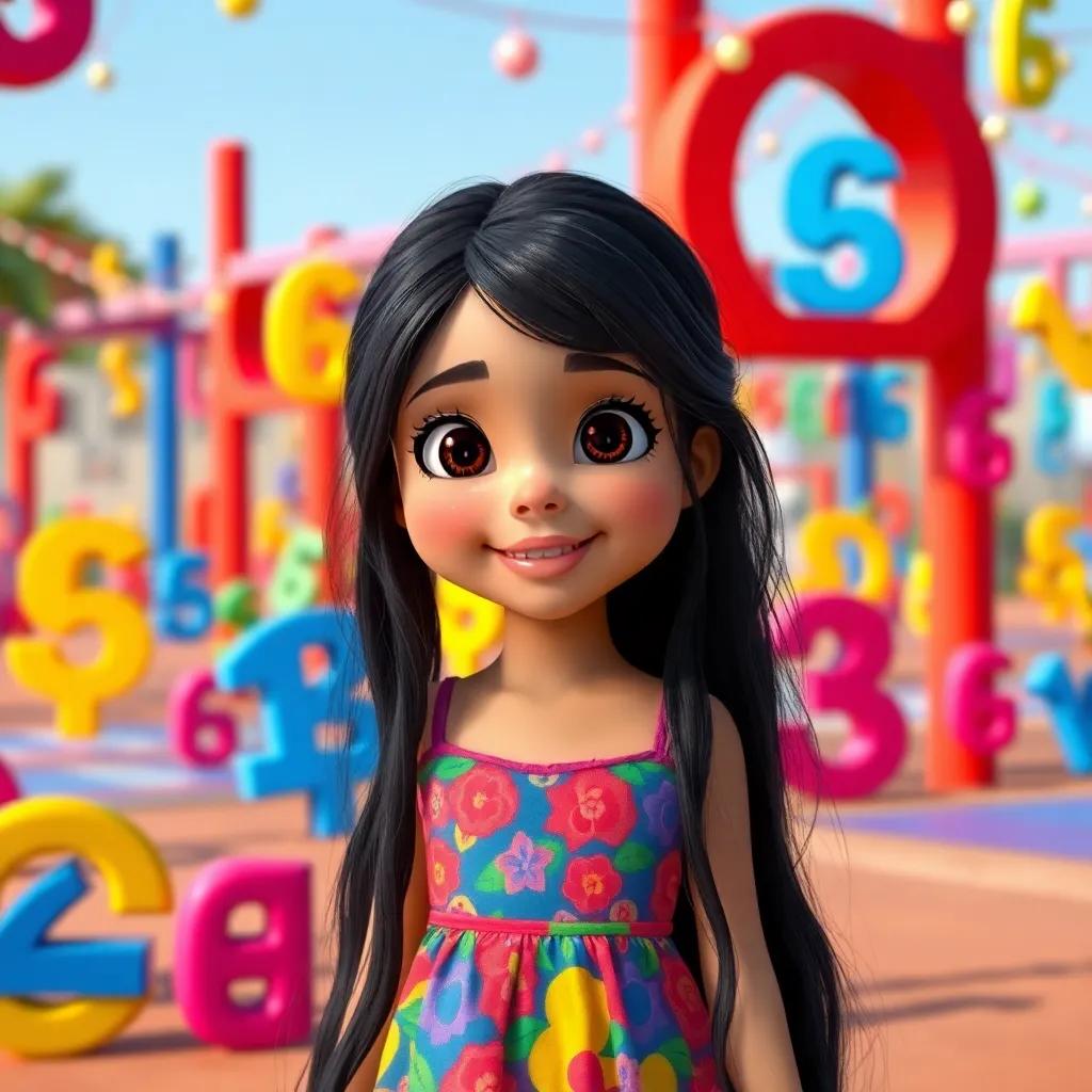 A young Arab girl, Mariam, with long black hair, wearing a colorful dress, in a playground filled with dancing decimal numbers, bright colors, joyful atmosphere, high quality