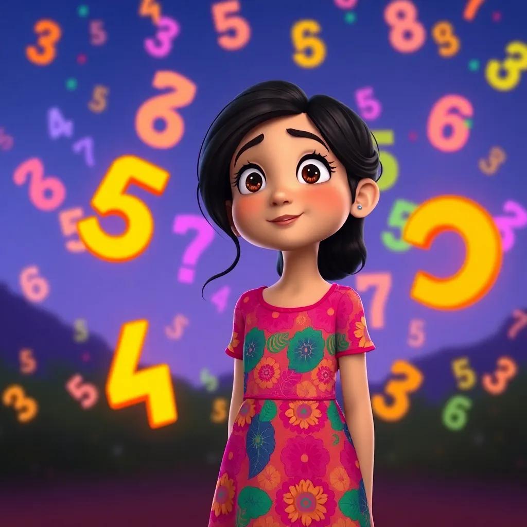 Mariam, a young Arab girl with long black hair in a colorful dress, looking amazed at vibrant decimal numbers dancing together, cheerful, animated scene, storytelling view, high quality
