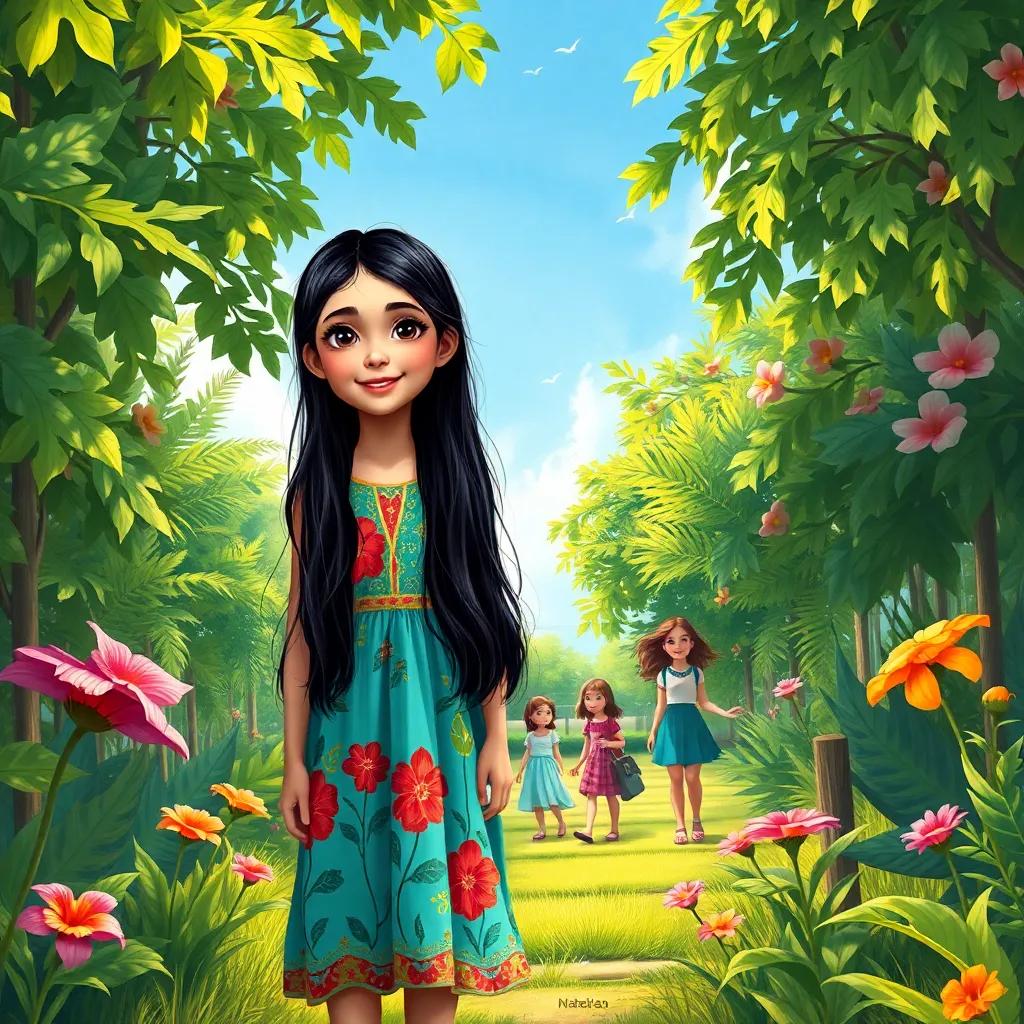 A young Arab girl, Mariam, with long black hair, wearing a colorful dress, exploring a school garden with her friends, bright blue sky, lush greenery, cheerful atmosphere, digital art, vibrant colors, high-quality