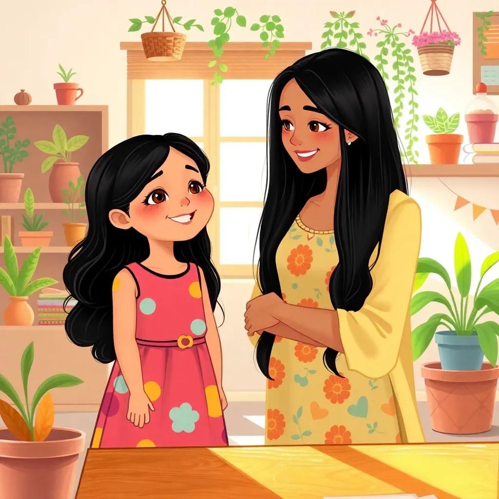 A happy girl, Mariam, with long black hair in a colorful dress, talking to her teacher, Ms. Maram, in a bright classroom decorated with plants, sunlight streaming through the window, inviting environment, illustration, warm colors, child-friendly