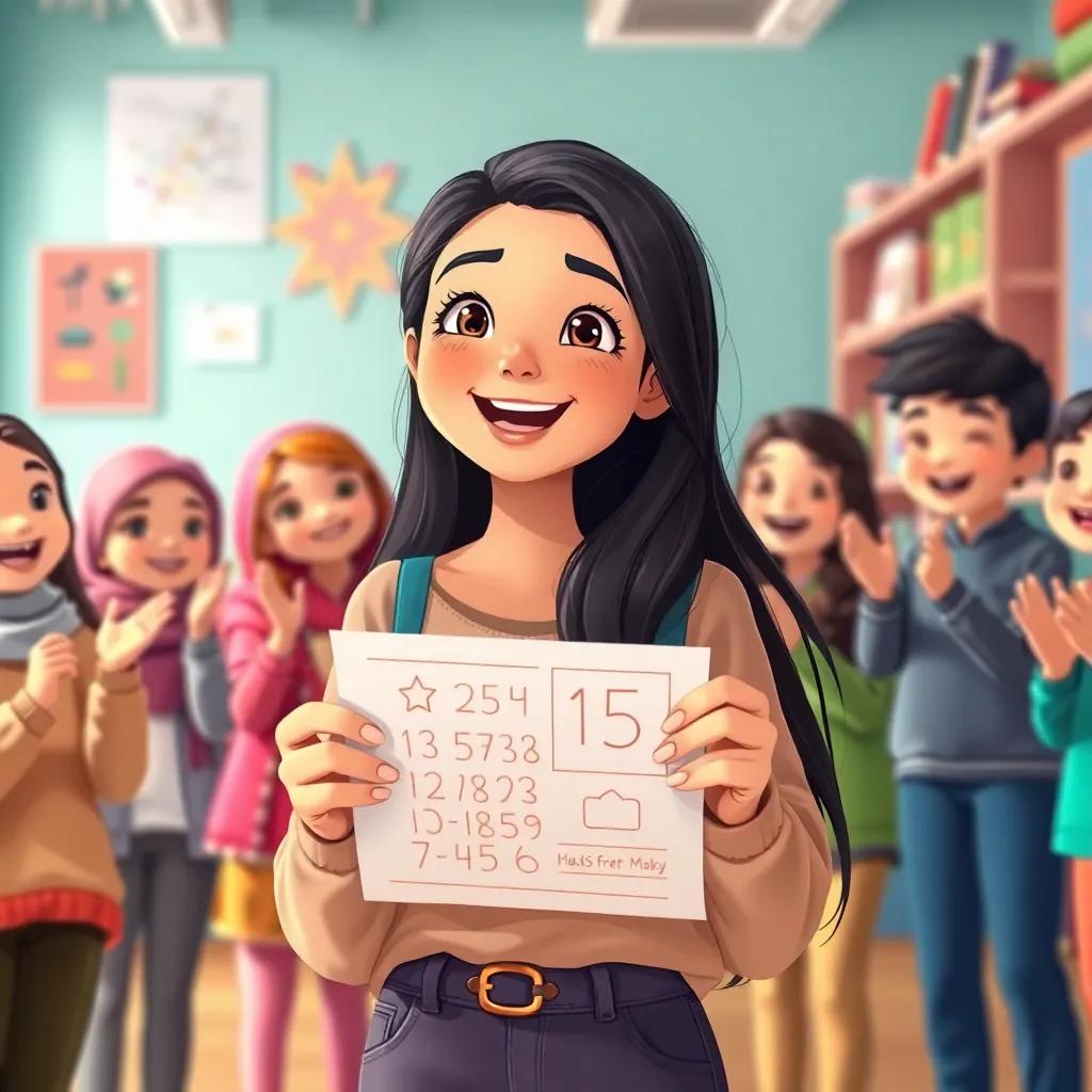 Mariam, a young Arab student with long black hair, wearing a comfortable outfit, joyfully holding a piece of paper with numbers and drawings, surrounded by her friends cheering her on, vibrant colors, creative space, inviting mood, illustration, child-friendly