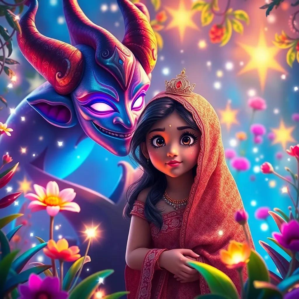 A whimsical scene of Mariam and the handsome jinn surrounded by sparkling lights and colorful plants, with Mariam showing curiosity in her eyes, vibrant digital art, magical feeling, bright colors, high quality