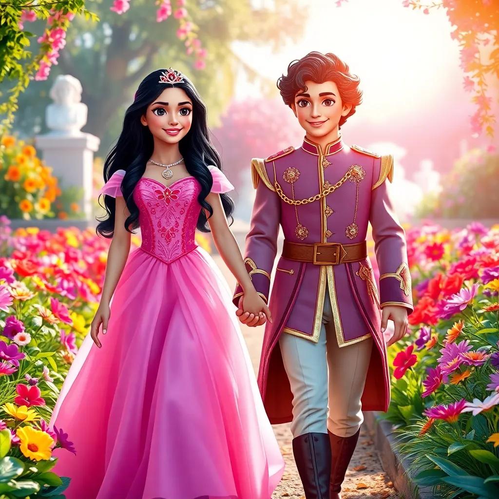 A brave princess, Maryam, with long black hair wearing a beautiful pink dress, holding hands with a handsome prince, Hasan, with curly brown hair in a royal outfit, walking through a magical garden filled with colorful flowers, cheerful atmosphere, bright sunlight, digital art, vibrant colors, high quality