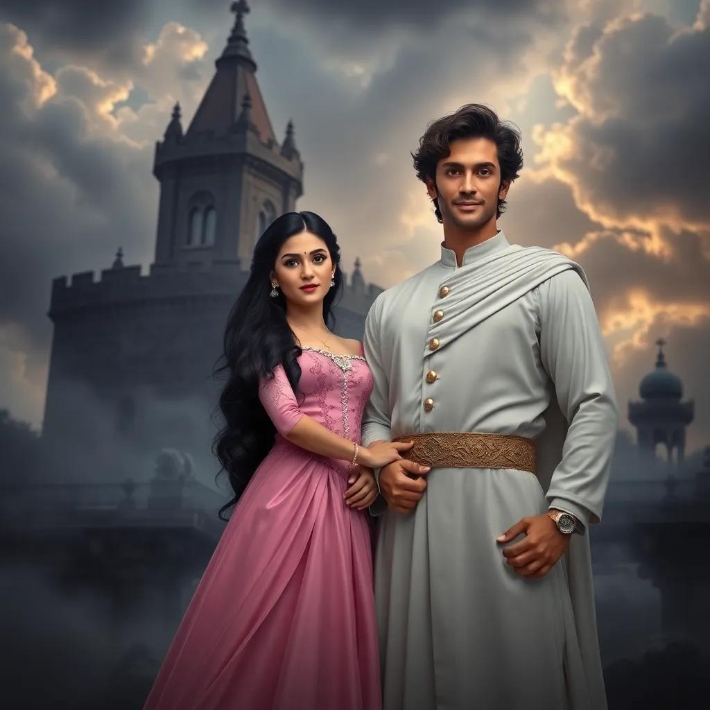 Maryam, a brave princess, with long black hair in a beautiful pink dress, and Hasan, a handsome prince with curly brown hair, standing confidently together in front of a dark castle, planning to defeat the villain, Luey, mystical setting, ominous clouds, dramatic lighting, high quality