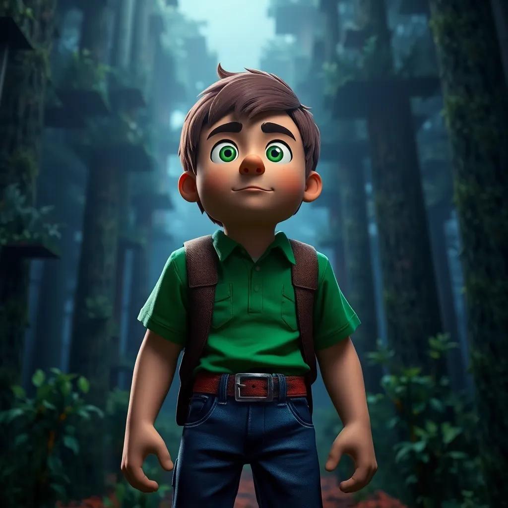 A brave explorer, Mr. Riley, with short brown hair, wearing a green shirt and jeans, standing in a dark Minecraft forest, looking scared, digital art, eerie atmosphere, dim light, vibrant colors, high detail, engaging scene.