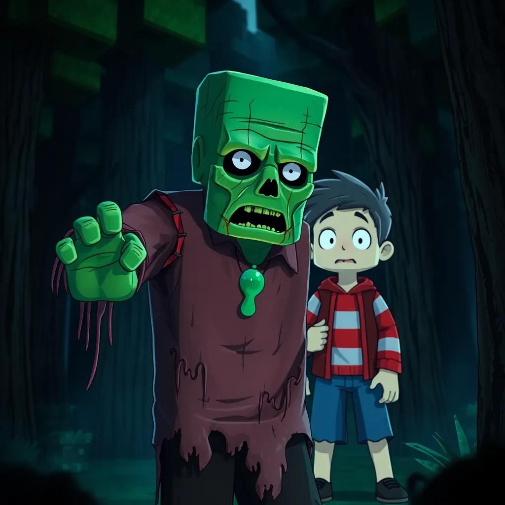 A terrifying zombie in Minecraft, with green skin and tattered clothes, standing in front of Mr. Riley, who looks frightened, surrounded by dark trees, illustration, spooky vibe, intense colors, storytelling perspective, child-friendly