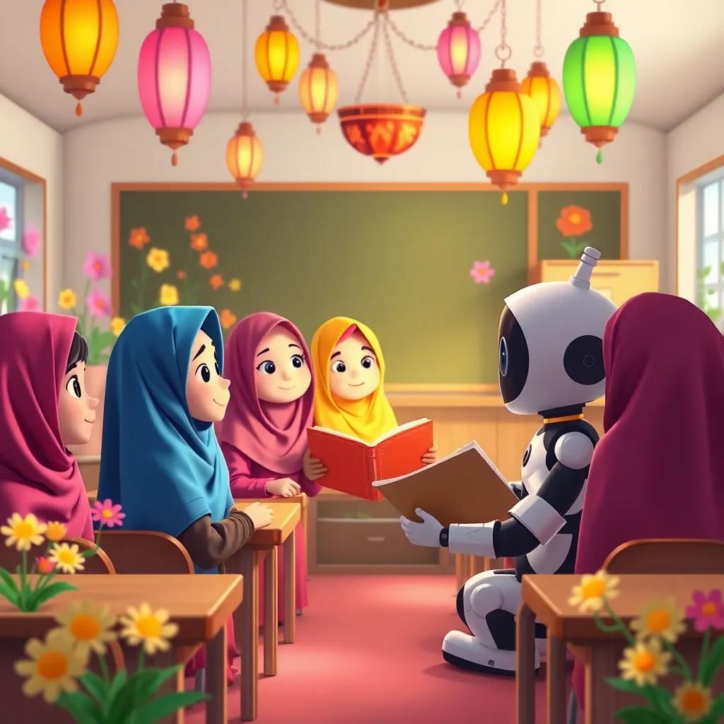 A classroom filled with colorful flowers and bright lanterns, a group of girls in grades 1 to 3 wearing colorful hijabs, a friendly robot named Misbah telling stories, cheerful atmosphere, digital art, vibrant colors, inviting setting, high quality