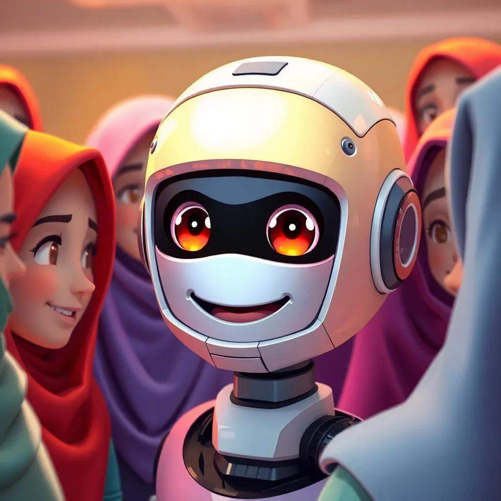 A close-up of the friendly robot Misbah, with a bright smile, surrounded by girls in colorful hijabs, storytelling with excitement, detailed illustration, warm lighting, capturing joy and engagement, high resolution