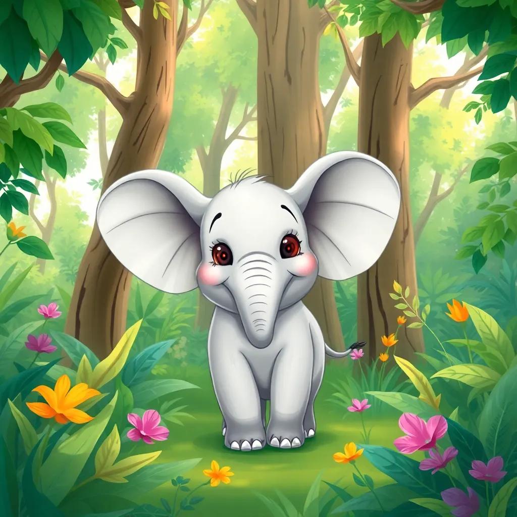 A small elephant, مكككط, with big ears and light gray skin, standing in a lush green forest, trees towering over him, playful expression, vibrant plants around, cheerful atmosphere, digital art, colorful, joyful scene, high quality