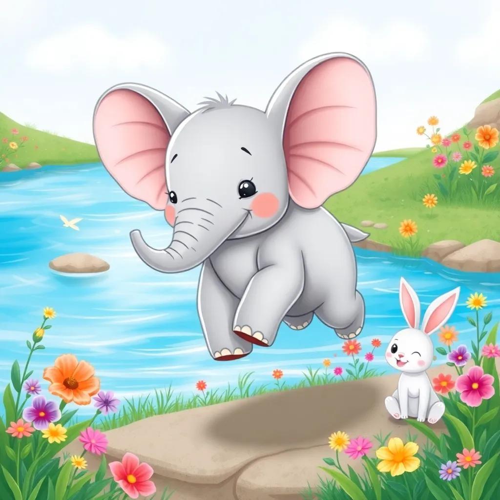 A small elephant, مكككط, with big ears and light gray skin, jumping happily near a bright blue river with a rabbit, surrounded by colorful flowers and greenery, playful and fun, illustration, bright colors, friendly vibes, high quality