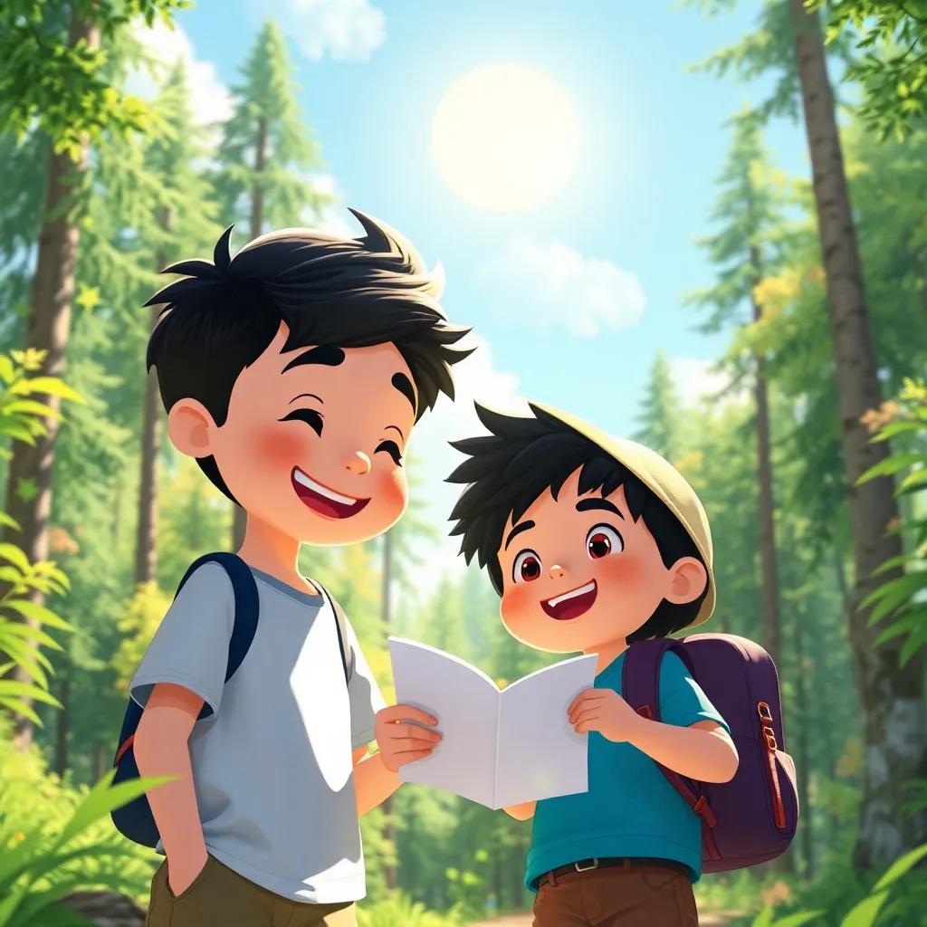 A sunny day in the forest with two boys, منتجب and مجتبى, excitedly planning their adventure together, bright colors, cheerful atmosphere, vibrant nature