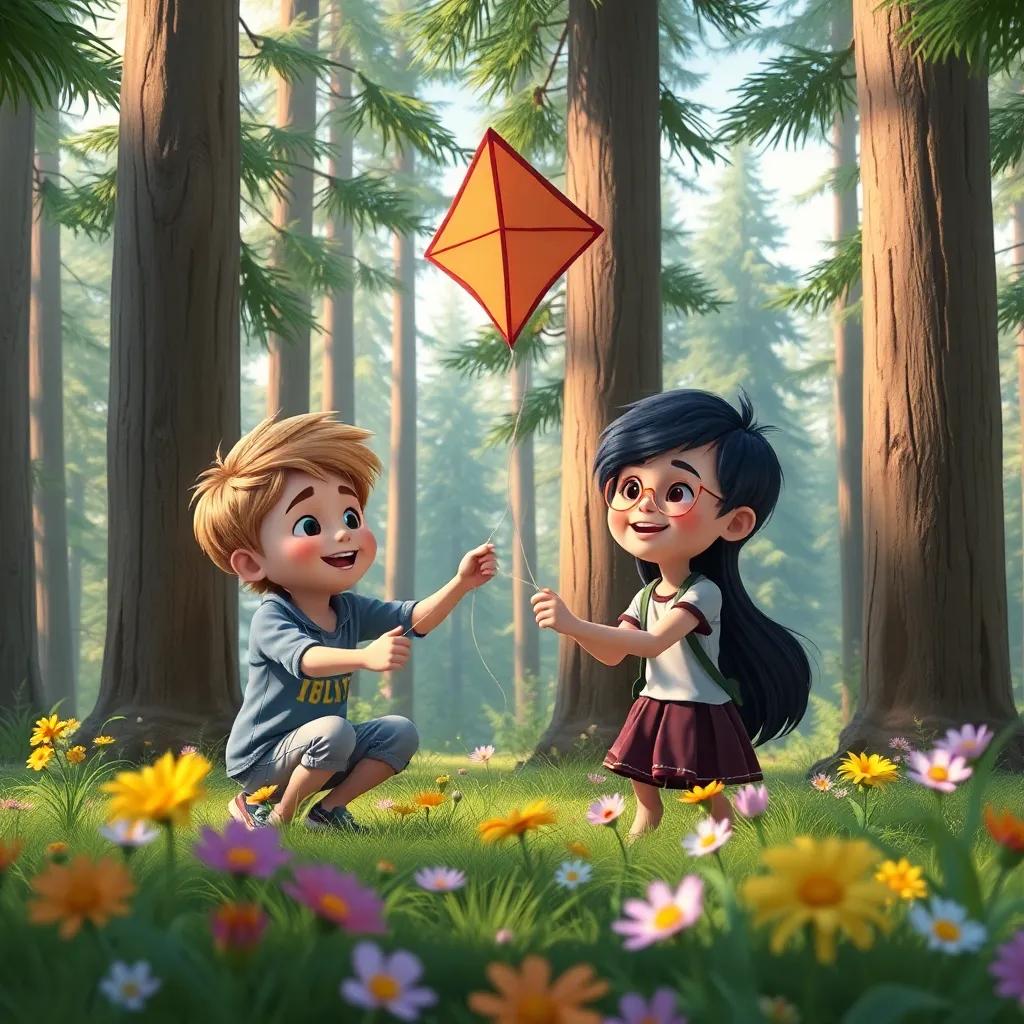 منتجب and مجتبى playing in the forest, surrounded by tall trees and colorful flowers, building a kite with smiles, joyful scene, high quality