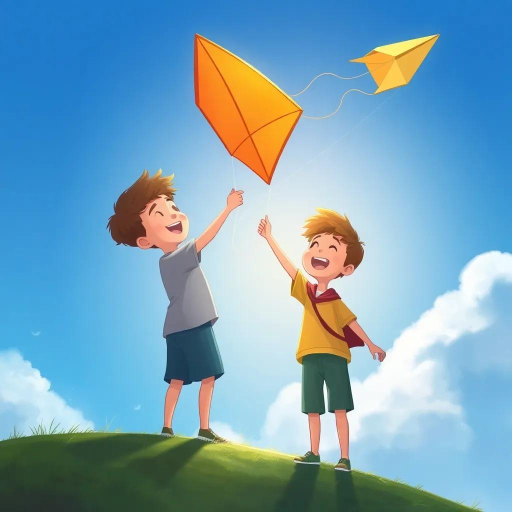 The two boys, منتجب and مجتبى, on a hill, trying to fly their handmade kite, laughter and excitement in the air, beautiful blue sky, detailed illustration