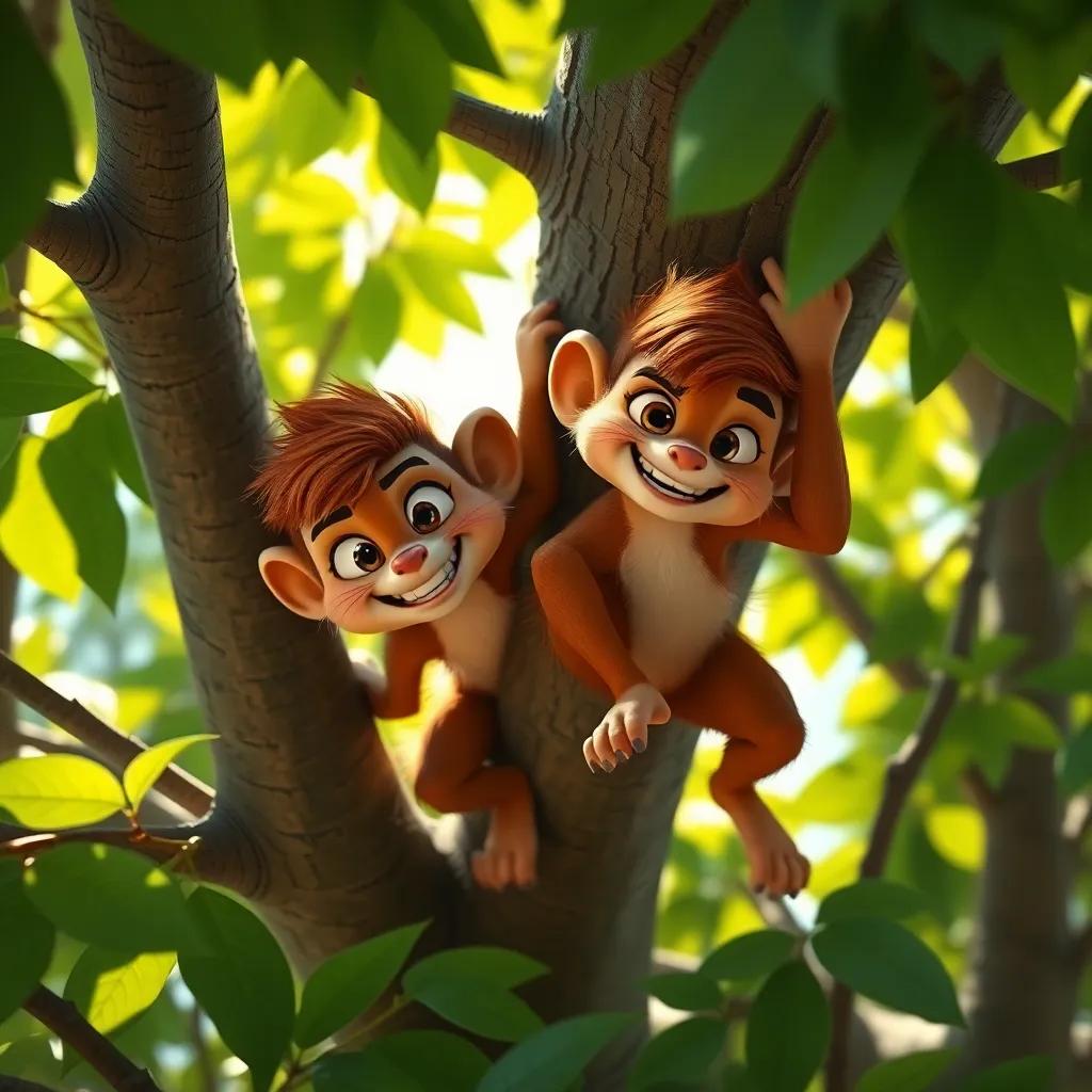 منتجب and مجتبى climbing a tree with determination, their expressions showing focus and teamwork, bright green leaves, dynamic perspective, high quality