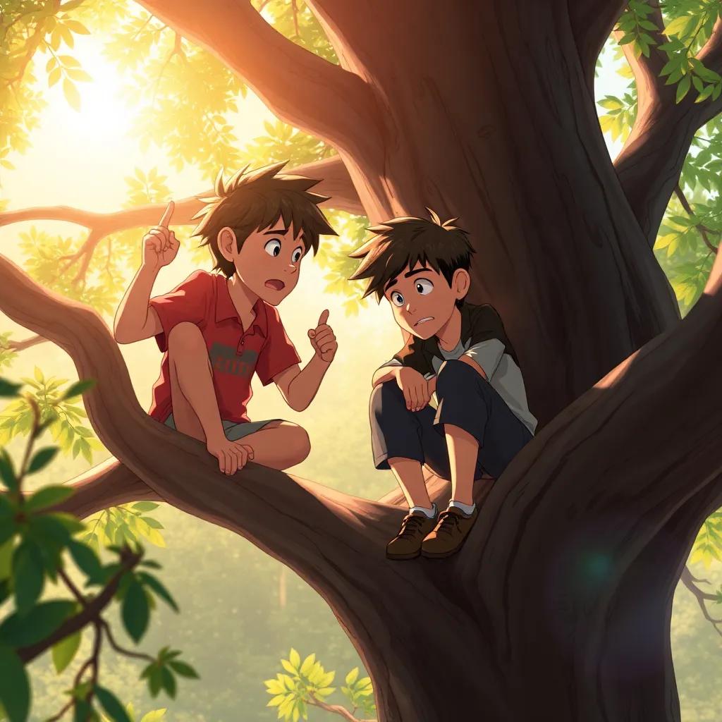 The boys arguing while perched in the tree, showing different emotions, sunlight filtering through branches, warm atmosphere, detailed art